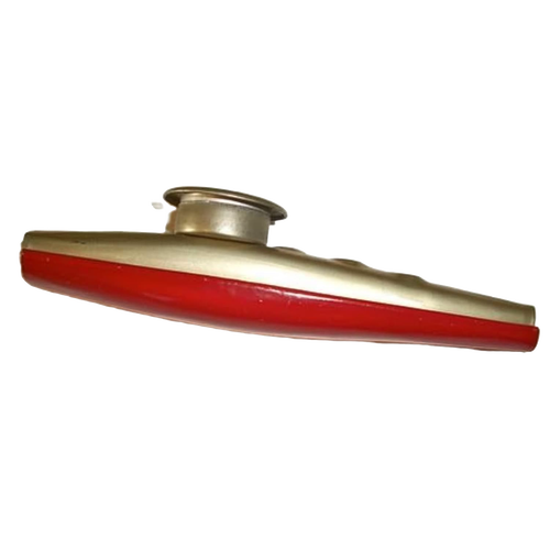 Handcrafted metal kazoo with a smooth silver finish and red accents, designed for indoor play and musical fun, suitable for ages 10 and up, made in USA and featured in Toys & Games and USA Made collections.