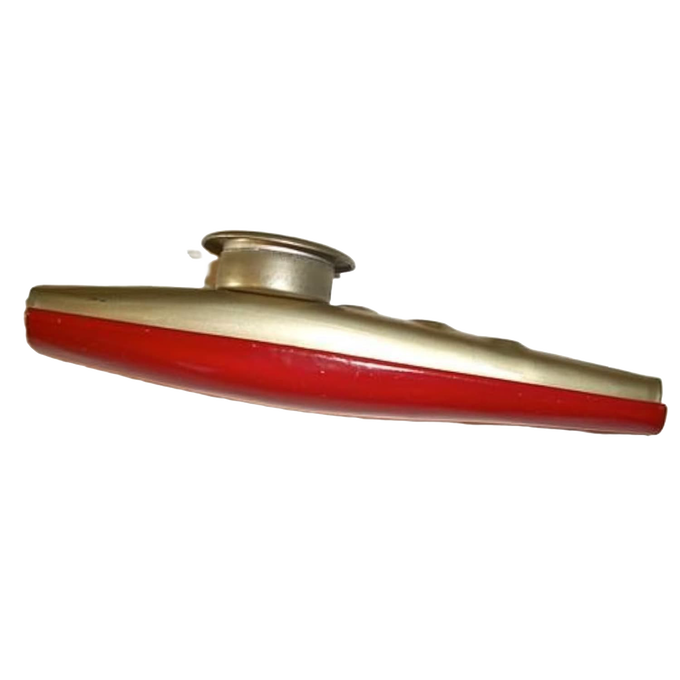 Handcrafted metal kazoo with a smooth silver finish and red accents, designed for indoor play and musical fun, suitable for ages 10 and up, made in USA and featured in Toys & Games and USA Made collections.