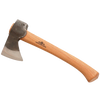 Hand-forged mini hatchet with a polished steel head and smooth hickory handle, designed for wood cutting and hauling, camping, and featuring a 20-year guarantee.