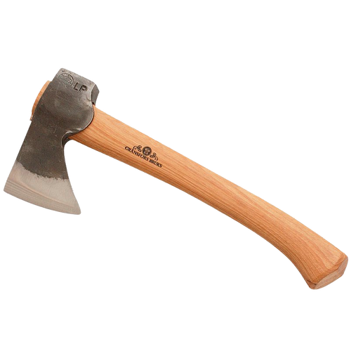Hand-forged mini hatchet with a polished steel head and smooth hickory handle, designed for wood cutting and hauling, camping, and featuring a 20-year guarantee.