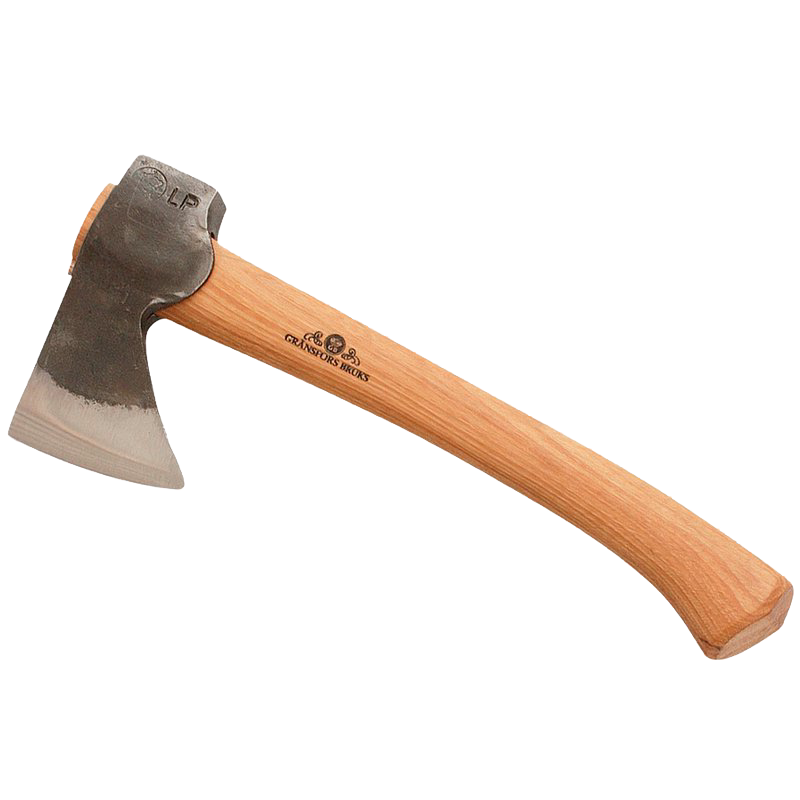 Hand-forged mini hatchet with a polished steel head and smooth hickory handle, designed for wood cutting and hauling, camping, and featuring a 20-year guarantee.