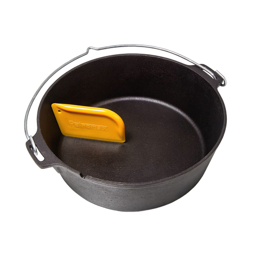 Yellow pan scraper designed to gently remove stuck-on food from cast iron cookware without damaging seasoning, shown inside a seasoned black cast iron Dutch oven, ideal for Kitchen & Food, Cookware, Cast Iron, Best Sellers, and Promo Eligible collections.