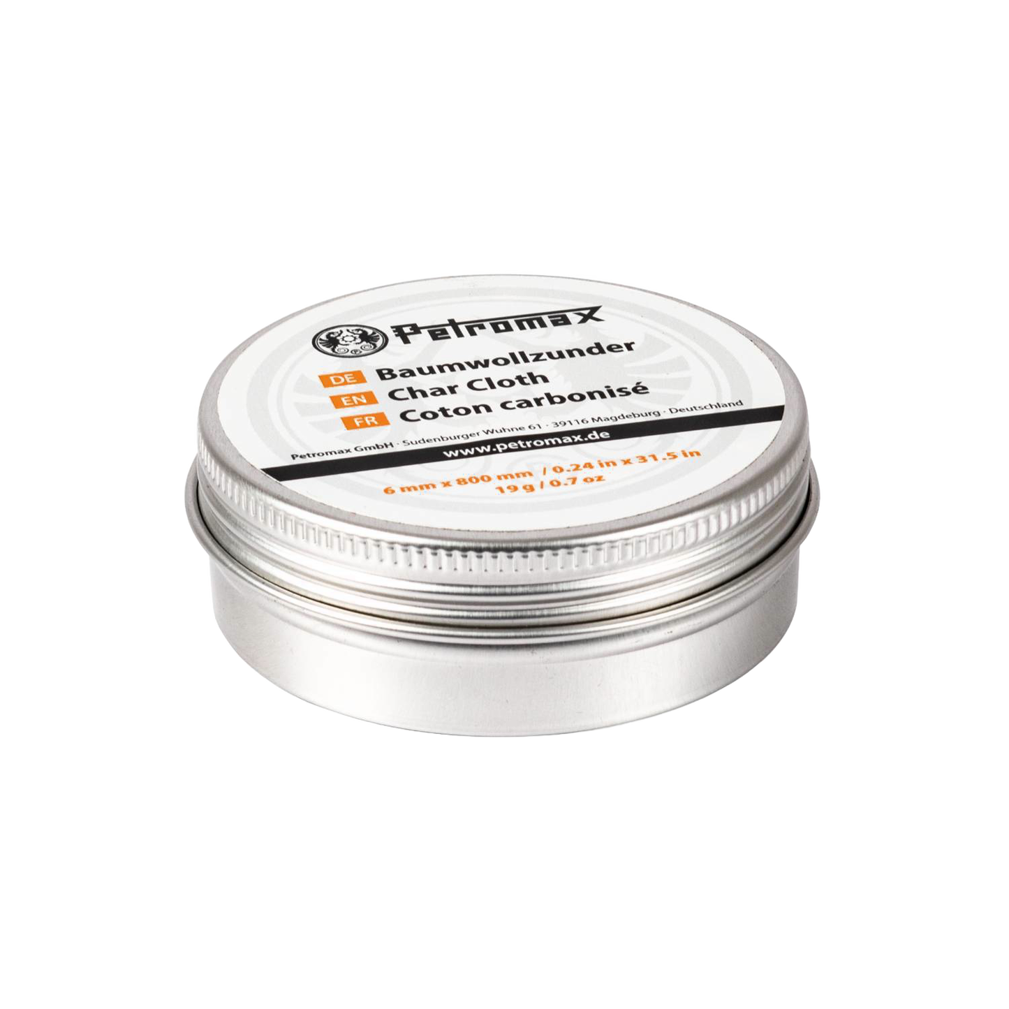 Round silver tin container with labeled lid of char cloth tinder, designed for reliable fire starting, featured in Farm, Garden & Tool, Camping, Best Sellers, and Promo Eligible collections.