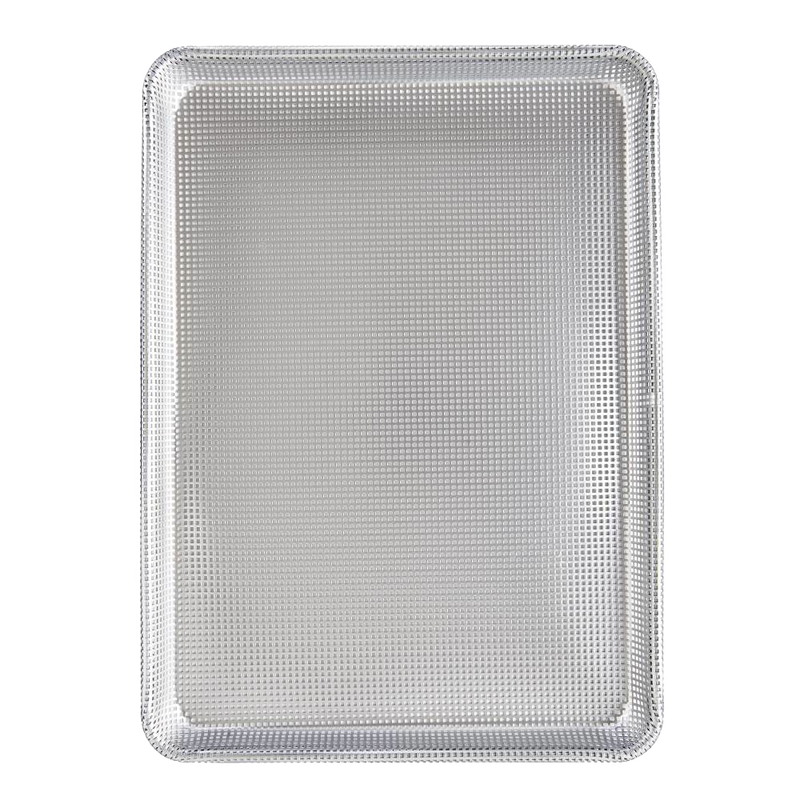 Half size perforated nonstick crisp pan with small evenly spaced holes for airflow, crafted for crispier baking without oil, featured in Kitchen & Food, Cookware, and Baking Supplies collections.