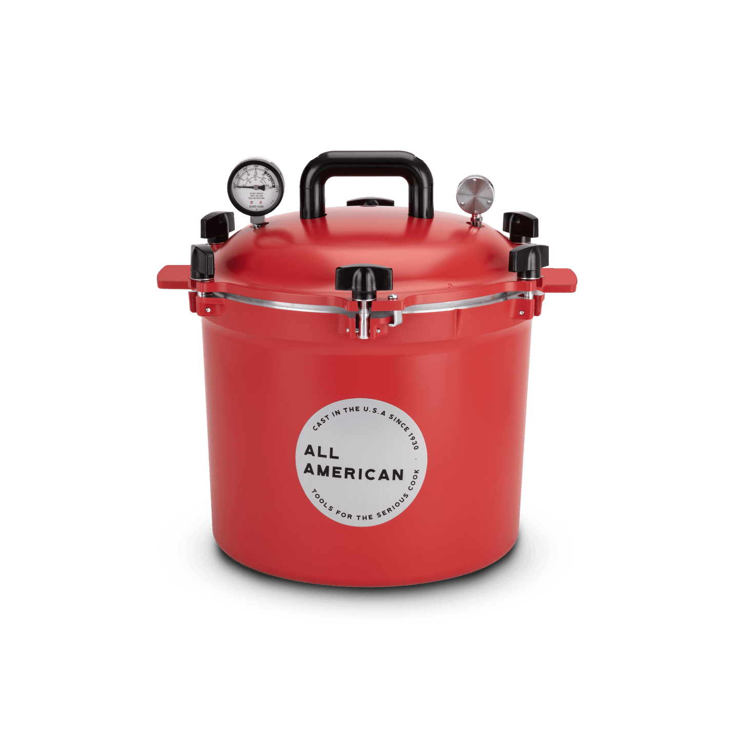 Vibrant red All American 21.5-quart pressure canner with secure locking lid, pressure gauge, and sturdy handle, handcrafted in USA for Kitchen & Food, Food Preservation, Canning, and Best Sellers collections.