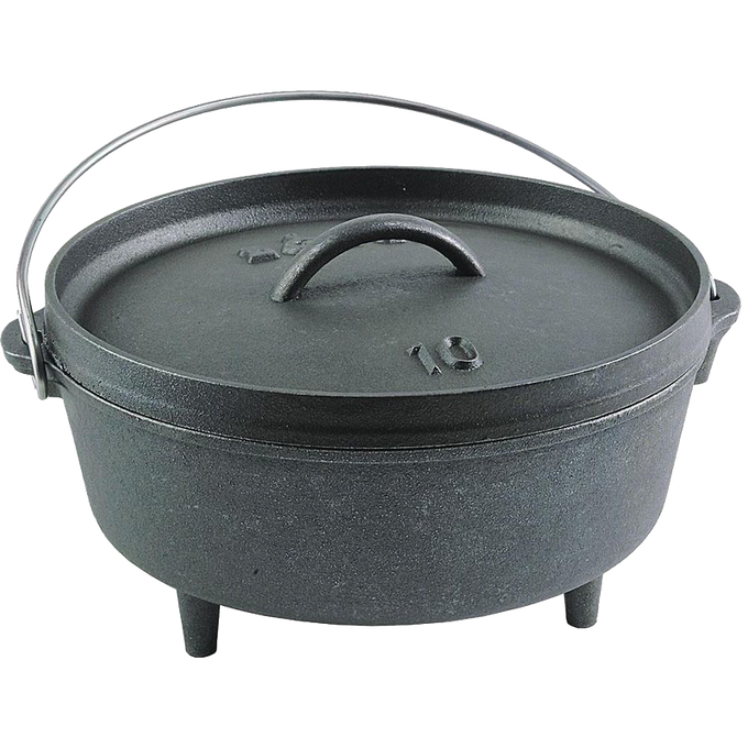 Heavy-duty cast iron camp Dutch oven with built-in legs and bail handle, handcrafted in the USA for outdoor cooking; featured in Farm, Garden & Tool, Camping, Cast Iron, USA Made, Best Sellers, and Promo Eligible collections.