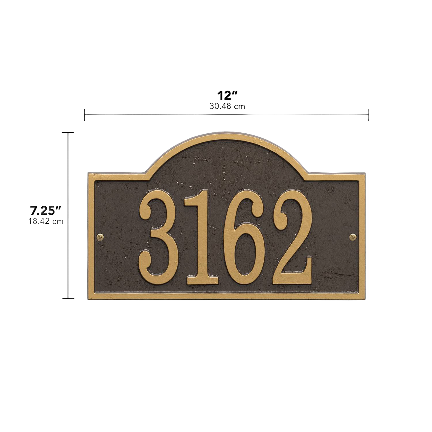 Handcrafted bronze and gold arched rectangle address plaque with raised numbers, designed to enhance curb appeal, made in USA, featured in Home & Decor and Mailboxes and Address Signs collections.
