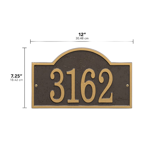 Handcrafted bronze and gold arched rectangle address plaque with raised numbers, designed to enhance curb appeal, made in USA, featured in Home & Decor and Mailboxes and Address Signs collections.