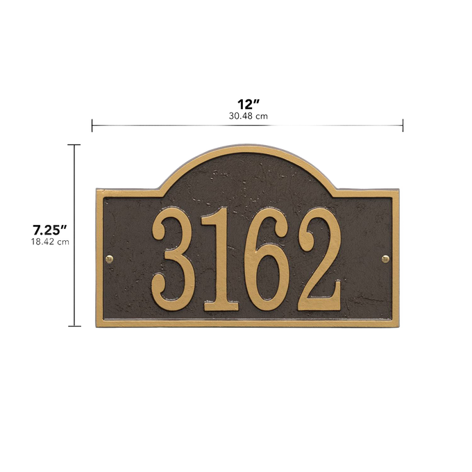 Handcrafted bronze and gold arched rectangle address plaque with raised numbers, designed to enhance curb appeal, made in USA, featured in Home & Decor and Mailboxes and Address Signs collections.