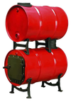 Red double-barrel wood stove conversion kit with cast iron stand and pipe fittings, designed to boost heat output, featured in Stoves, Hearth Accessories, and Best Sellers collections.
