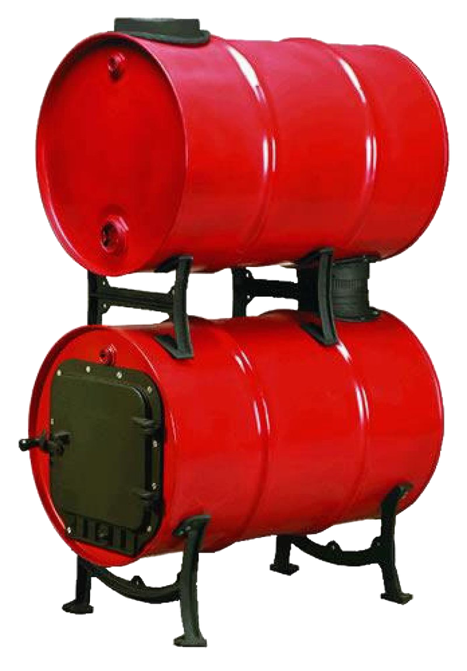 Red double-barrel wood stove conversion kit with cast iron stand and pipe fittings, designed to boost heat output, featured in Stoves, Hearth Accessories, and Best Sellers collections.