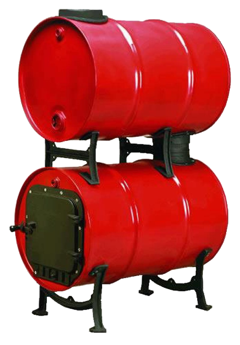 Red double-barrel wood stove conversion kit with cast iron stand and pipe fittings, designed to boost heat output, featured in Stoves, Hearth Accessories, and Best Sellers collections.