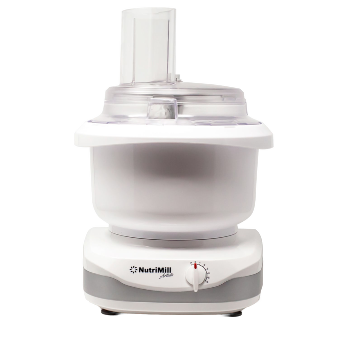 White food processor base with clear plastic lid and chute attachment, designed for efficient slicing and shredding, part of Kitchen & Food and USA Made collections.