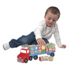 Young child playing with a handcrafted wooden truck and 28 colorful alphabet blocks featuring letters, pictures, and shapes, part of children's wooden toys and best sellers collections.