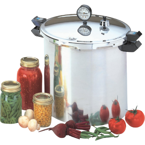 Large stainless steel pressure canner with secure locking lid, pressure gauge, and black handles, accompanied by jars of preserved vegetables and fresh produce, ideal for kitchen canning and food preservation collections.
