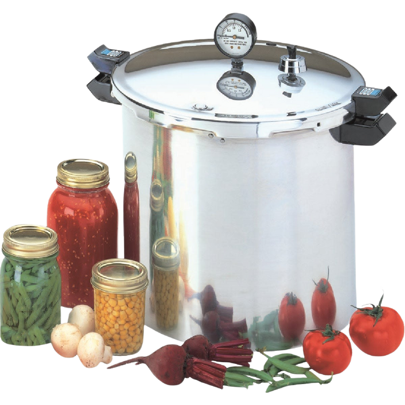 Large stainless steel pressure canner with secure locking lid, pressure gauge, and black handles, accompanied by jars of preserved vegetables and fresh produce, ideal for kitchen canning and food preservation collections.