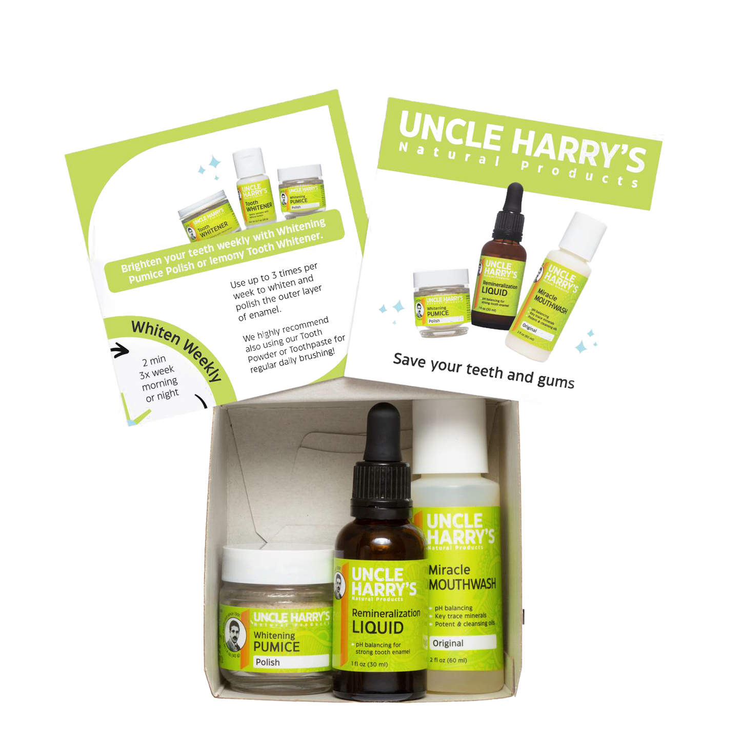 Uncle Harry's handcrafted remineralization kit featuring liquid serum, whitening pumice polish, and miracle mouthwash, made in USA, ideal for Health & Wellness, Grooming and Personal Hygiene, USA Made, and Best Sellers collections.