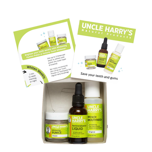 Uncle Harry's handcrafted remineralization kit featuring liquid serum, whitening pumice polish, and miracle mouthwash, made in USA, ideal for Health & Wellness, Grooming and Personal Hygiene, USA Made, and Best Sellers collections.