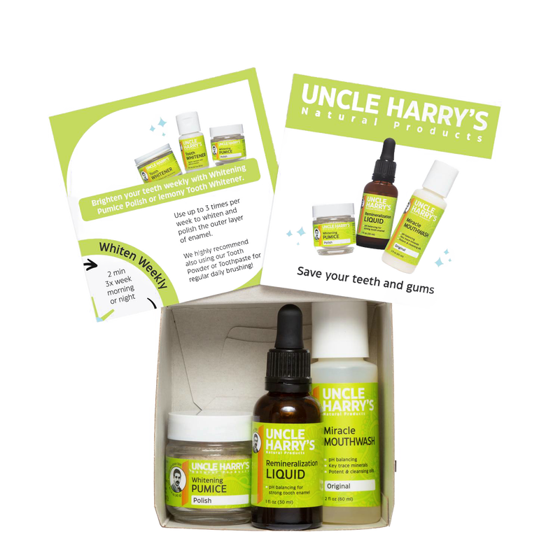 Uncle Harry's handcrafted remineralization kit featuring liquid serum, whitening pumice polish, and miracle mouthwash, made in USA, ideal for Health & Wellness, Grooming and Personal Hygiene, USA Made, and Best Sellers collections.