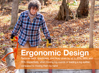 Man using an ergonomic wood hauling tool with cant hook feature to lift and roll logs on a forest floor, highlighting its strain-reducing design for back and arm muscles, ideal for farm, garden, and wood cutting tasks.
