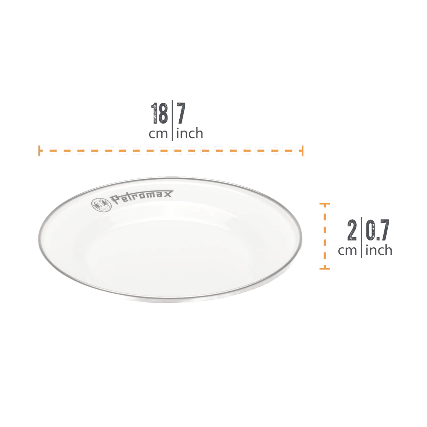 Single white enamel plate with black rim and Petromax logo, sturdy and lightweight for outdoor use, ideal for Farm, Garden & Tool, Kitchen & Food, Camping, Dinnerware, Best Sellers, and Promo Eligible collections.
