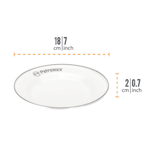 Single white enamel plate with black rim and Petromax logo, sturdy and lightweight for outdoor use, ideal for Farm, Garden & Tool, Kitchen & Food, Camping, Dinnerware, Best Sellers, and Promo Eligible collections.
