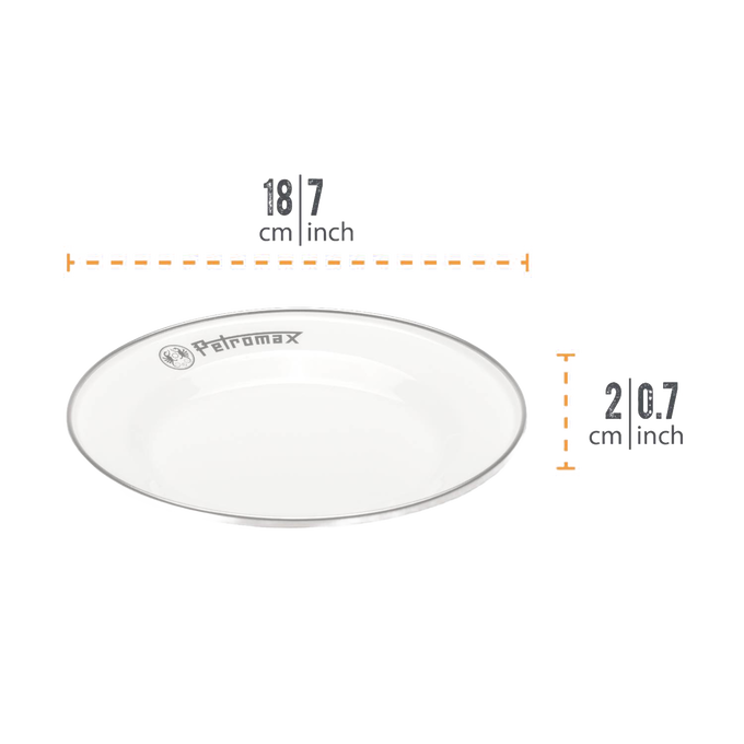 Single white enamel plate with black rim and Petromax logo, sturdy and lightweight for outdoor use, ideal for Farm, Garden & Tool, Kitchen & Food, Camping, Dinnerware, Best Sellers, and Promo Eligible collections.