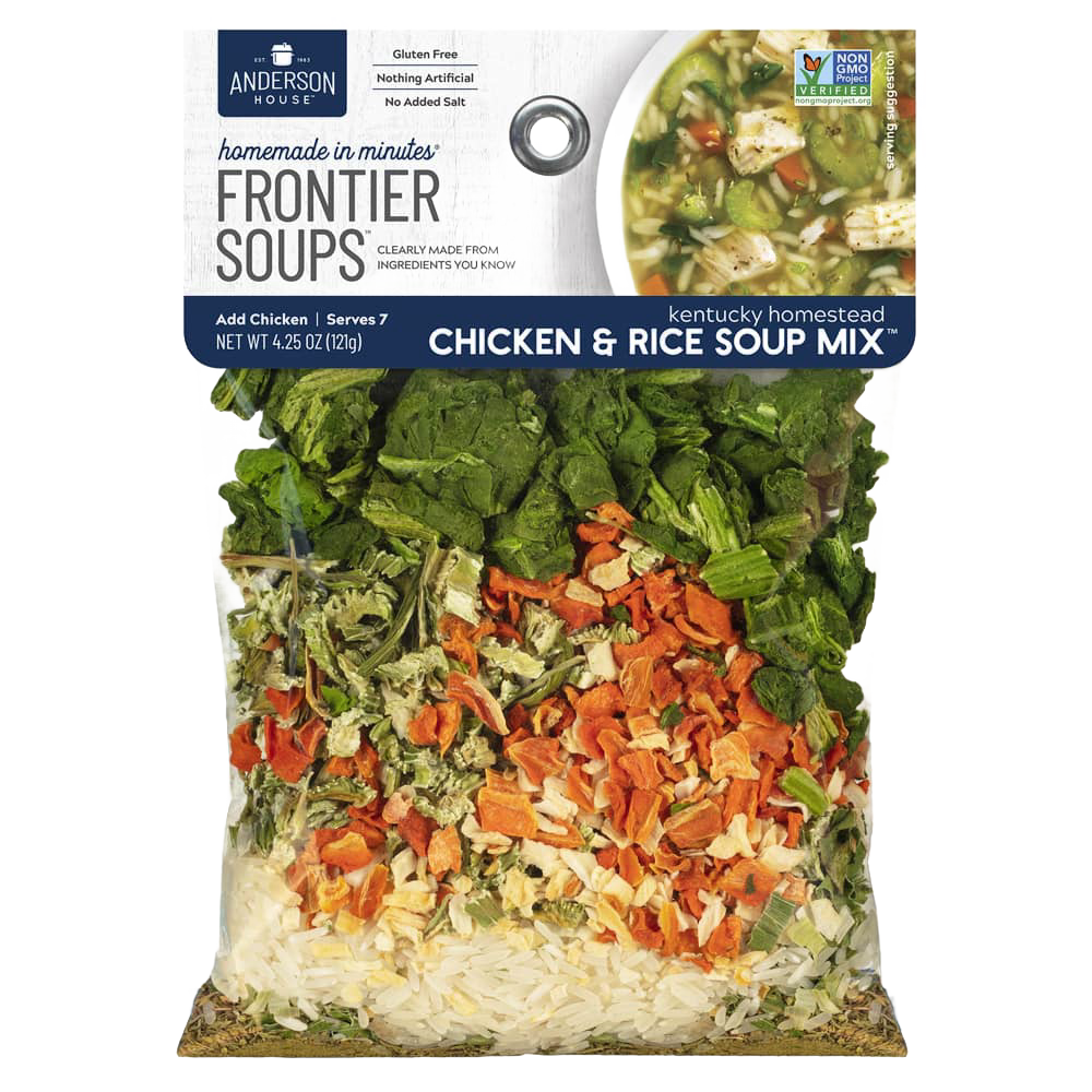 Clear bag of handcrafted gluten-free chicken and rice soup mix with natural dried vegetables and rice, part of Kitchen & Food, Pantry, Dry Goods and Mixes, Soups, Best Sellers, and Promo Eligible collections.