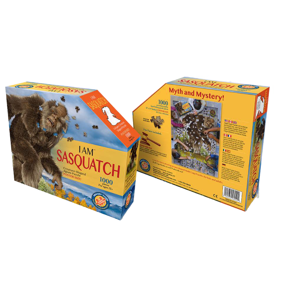 Puzzle box featuring a unique-shaped 1000-piece Sasquatch jigsaw with a vibrant cover illustration and detailed back highlighting puzzle features and fun facts, ideal for Toys, Books & Games and Puzzles collections.