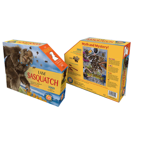 Puzzle box featuring a unique-shaped 1000-piece Sasquatch jigsaw with a vibrant cover illustration and detailed back highlighting puzzle features and fun facts, ideal for Toys, Books & Games and Puzzles collections.