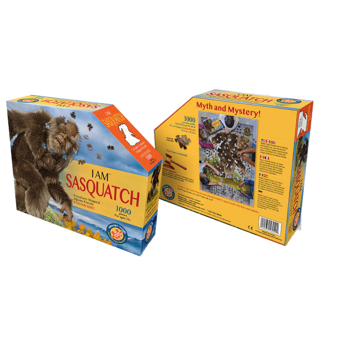 Puzzle box featuring a unique-shaped 1000-piece Sasquatch jigsaw with a vibrant cover illustration and detailed back highlighting puzzle features and fun facts, ideal for Toys, Books & Games and Puzzles collections.