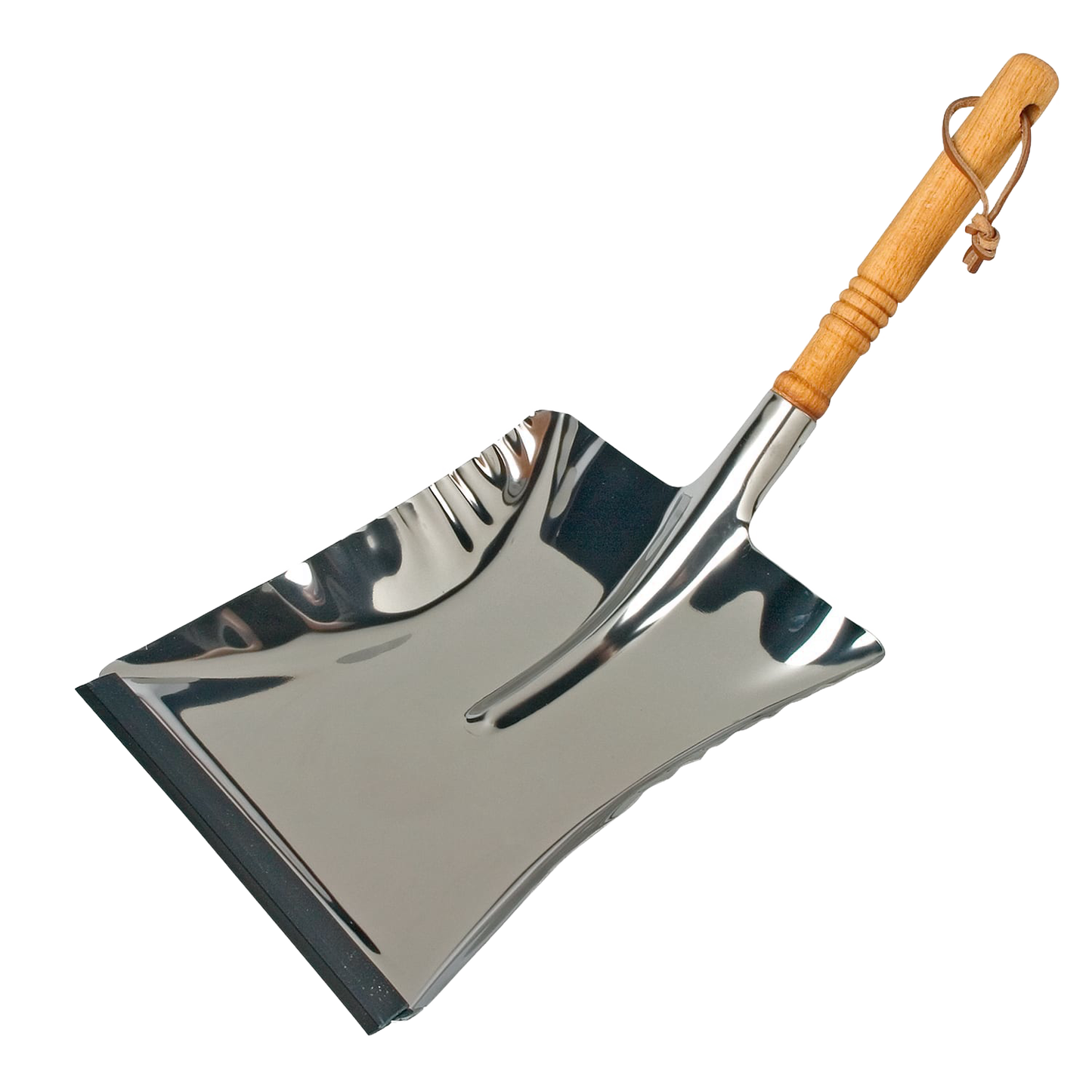 Handcrafted stainless steel dustpan with an oiled beechwood handle and rubber lip for efficient dust and debris collection, suitable for Home & Decor and Household Cleaning collections.
