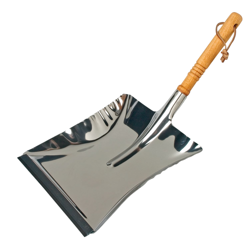 Handcrafted stainless steel dustpan with an oiled beechwood handle and rubber lip for efficient dust and debris collection, suitable for Home & Decor and Household Cleaning collections.