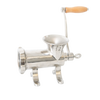 Stainless steel hand-cranked mounted meat grinder with a wooden handle and pre-drilled base for secure attachment, featured in Kitchen & Food, Specialty Equipment, and Butchering Supplies collections.