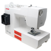 Compact white mechanical sewing machine powered by a battery pack, designed for efficient use in sewing and quilting, and ideal for homesteading and off-grid projects.
