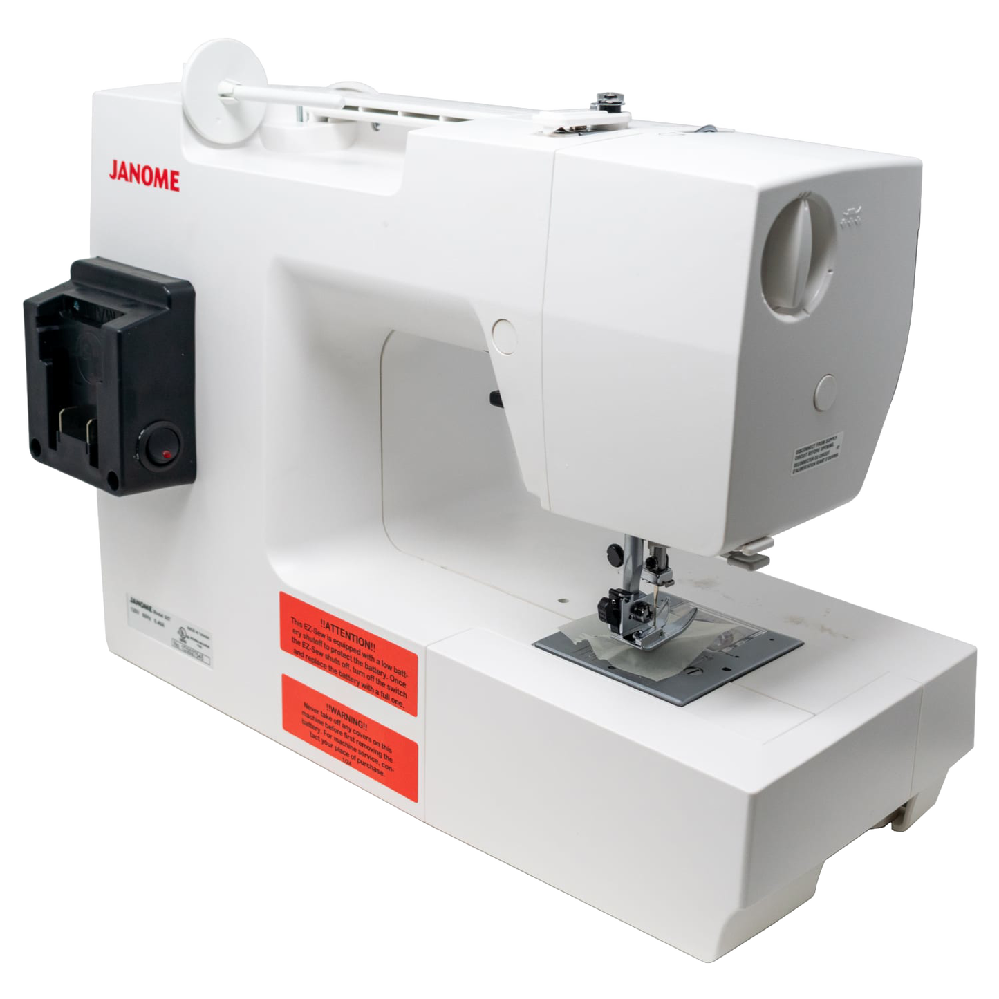 Compact white mechanical sewing machine powered by a battery pack, designed for efficient use in sewing and quilting, and ideal for homesteading and off-grid projects.