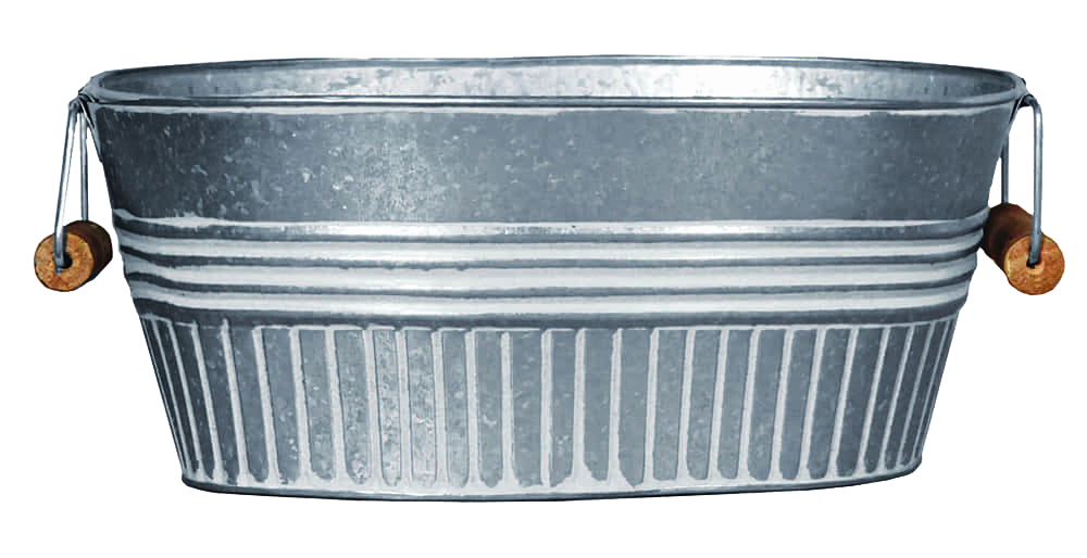 Galvanized metal basin planter with whitewash finish and wooden grip handles, featuring drainage holes, ideal for Farm, Garden & Tool, Garden Accessories, Seeds and Planting, and Best Sellers collections.
