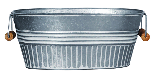 Galvanized metal basin planter with whitewash finish and wooden grip handles, featuring drainage holes, ideal for Farm, Garden & Tool, Garden Accessories, Seeds and Planting, and Best Sellers collections.