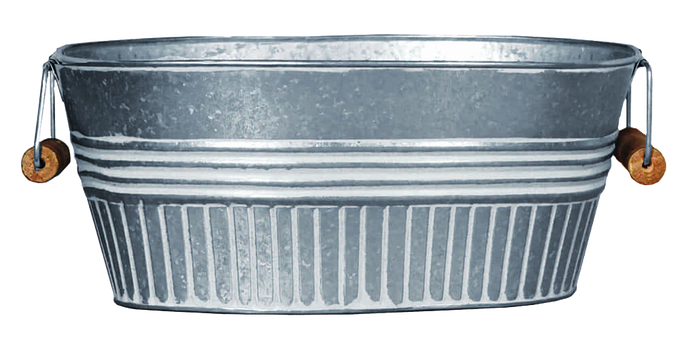 Galvanized metal basin planter with whitewash finish and wooden grip handles, featuring drainage holes, ideal for Farm, Garden & Tool, Garden Accessories, Seeds and Planting, and Best Sellers collections.