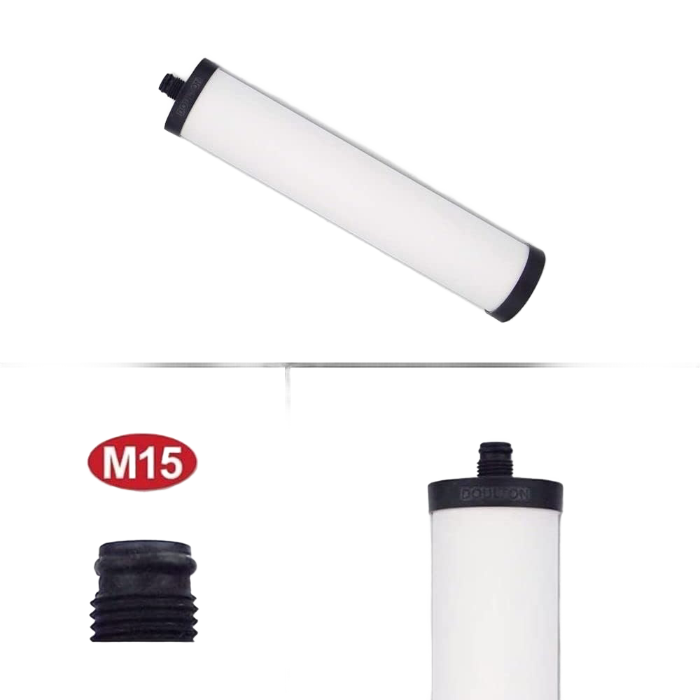 White cylindrical water filter element with black end caps designed to fit Franke and Doulton systems, reducing chlorine, bacteria, cysts, sediment, and heavy metals, ideal for appliances, emergency supplies, and water treatment collections.