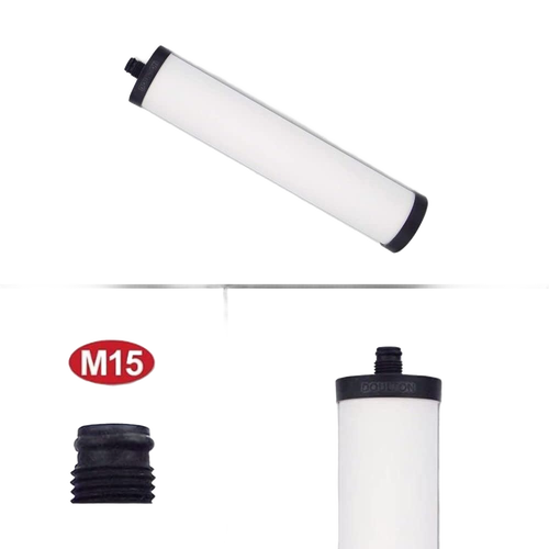 White cylindrical water filter element with black end caps designed to fit Franke and Doulton systems, reducing chlorine, bacteria, cysts, sediment, and heavy metals, ideal for appliances, emergency supplies, and water treatment collections.