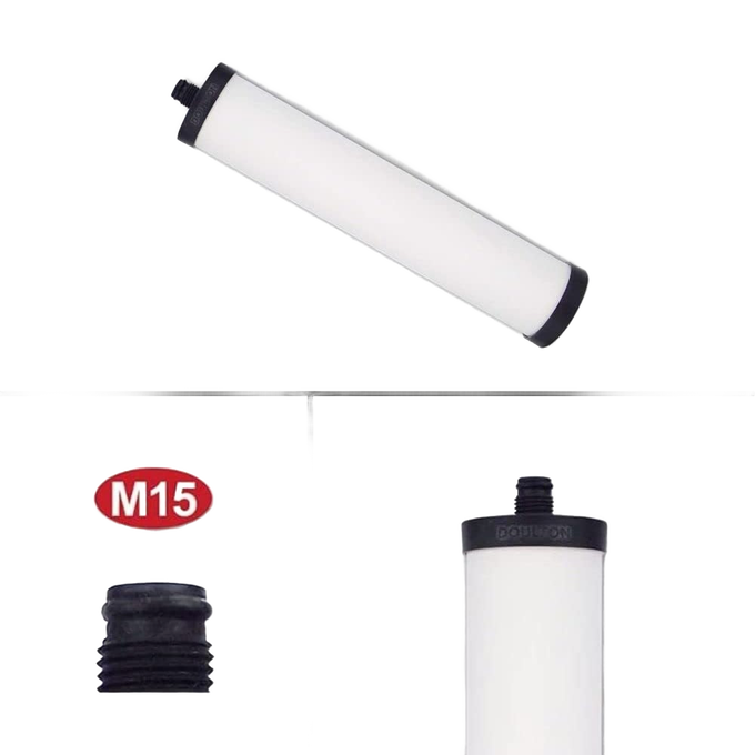 White cylindrical water filter element with black end caps designed to fit Franke and Doulton systems, reducing chlorine, bacteria, cysts, sediment, and heavy metals, ideal for appliances, emergency supplies, and water treatment collections.