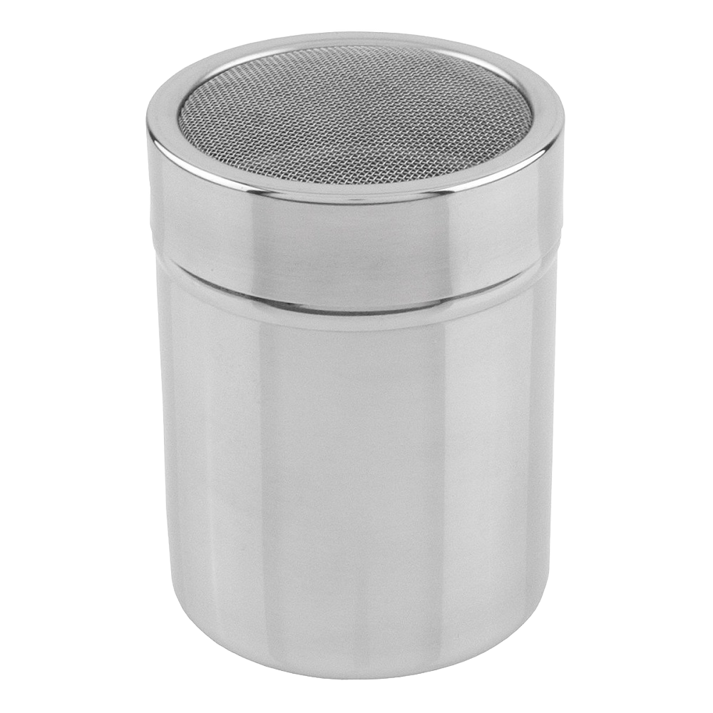 Stainless steel shaker with fine mesh top and twist-lock plastic lid, designed for delicately sprinkling powders; a versatile addition to Kitchen & Food, Dinnerware, and Kitchen Gadgets collections.