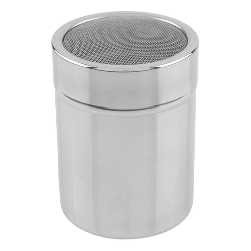 Stainless steel shaker with fine mesh top and twist-lock plastic lid, designed for delicately sprinkling powders; a versatile addition to Kitchen & Food, Dinnerware, and Kitchen Gadgets collections.