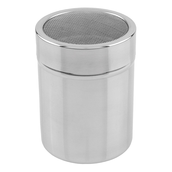 Stainless steel shaker with fine mesh top and twist-lock plastic lid, designed for delicately sprinkling powders; a versatile addition to Kitchen & Food, Dinnerware, and Kitchen Gadgets collections.
