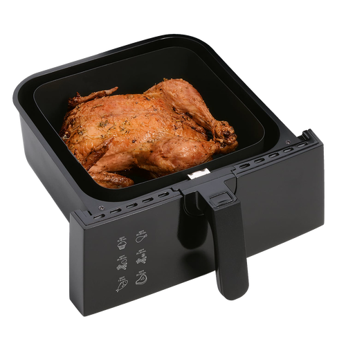 Black digital air fryer basket holding a golden roasted whole chicken, showcasing a family-size 4.2-quart capacity, ideal for Kitchen & Food, Kitchen Gadgets, Cooking and Baking Helpers, Best Sellers, and Promo Eligible collections.