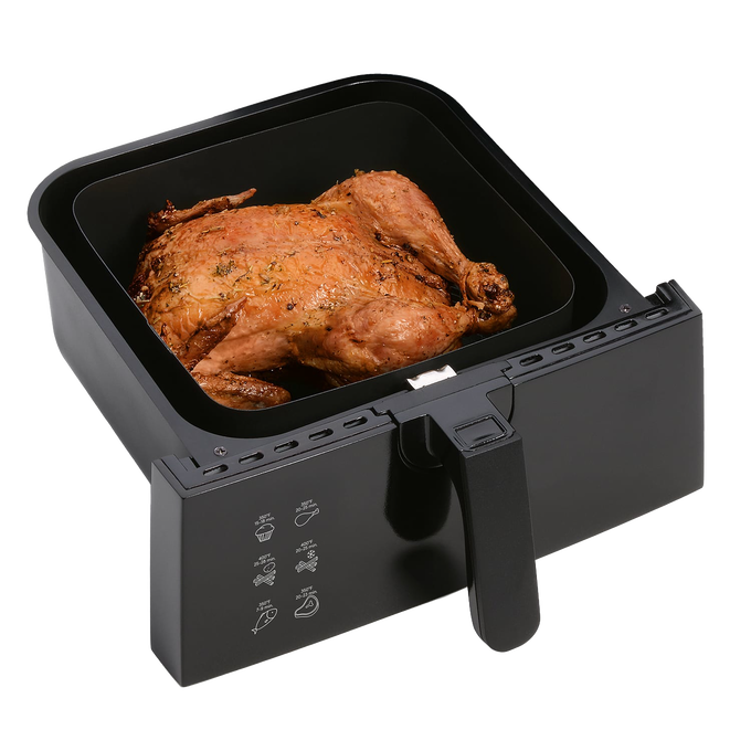 Black digital air fryer basket holding a golden roasted whole chicken, showcasing a family-size 4.2-quart capacity, ideal for Kitchen & Food, Kitchen Gadgets, Cooking and Baking Helpers, Best Sellers, and Promo Eligible collections.