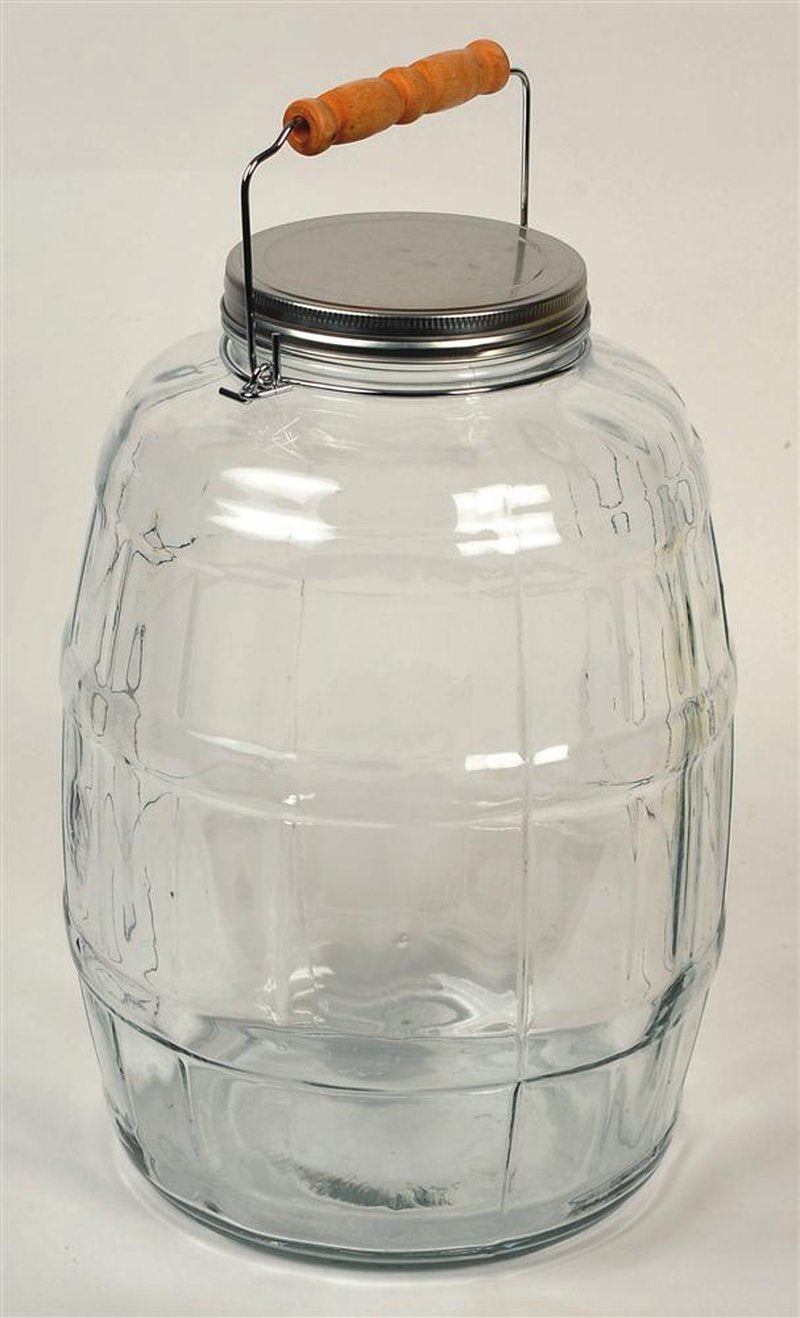Clear glass replacement jar for butter churn with metal lid and wooden handle, handcrafted in USA, suitable for Kitchen & Food, Specialty Equipment, and Making Butter collections.
