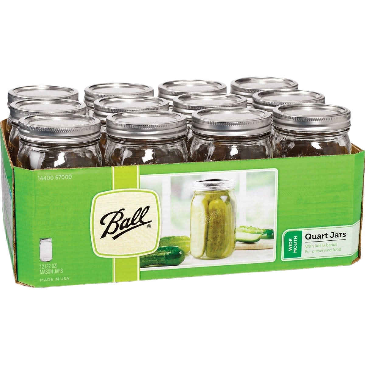 Pack of twelve wide-mouth clear glass quart jars with metal lids and bands, handcrafted in the USA for food preservation, canning, crafts, and kitchen use.