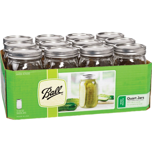 Pack of twelve wide-mouth clear glass quart jars with metal lids and bands, handcrafted in the USA for food preservation, canning, crafts, and kitchen use.